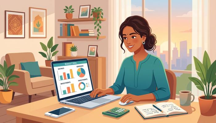 Illustration of a person planning personal finance budget with a laptop and notebook