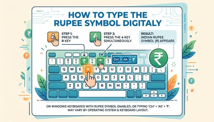 Illustration showing a keyboard with rupee symbol typing concept