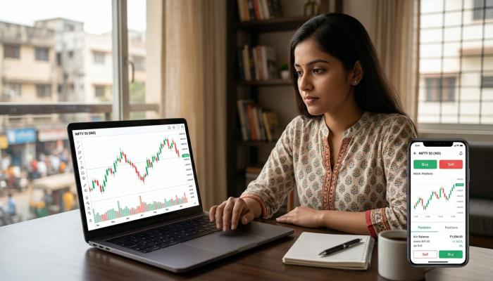 Indian beginner learning stock trading with a laptop and market charts