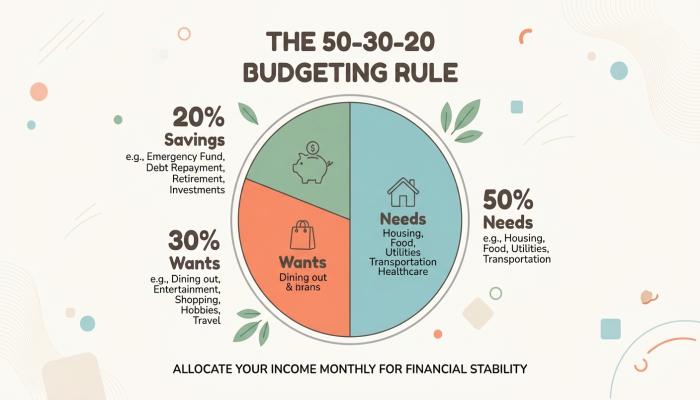 Infographic showing the 50-30-20 budgeting rule split between needs, wants, and savings