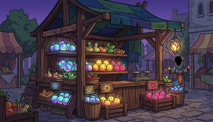 Illustration of a fantasy fruit stall with glowing fruits representing an in-game fruit stock display.