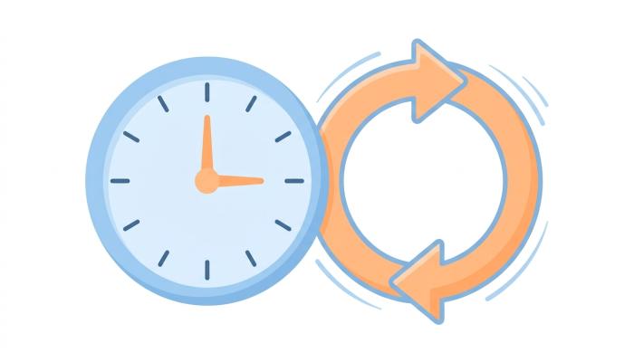 Graphic showing a clock and cycle icon representing a stock restock timer concept.