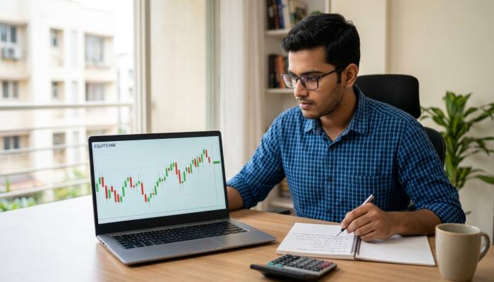 Indian beginner studying a stock chart and learning day trading basics