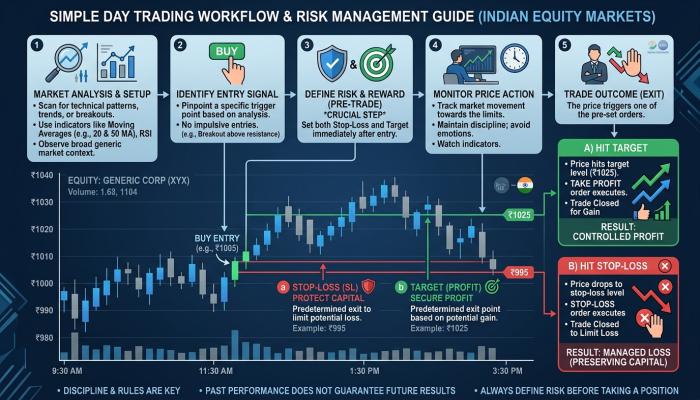 Simple day trading workflow showing entry, stop-loss, target and exit