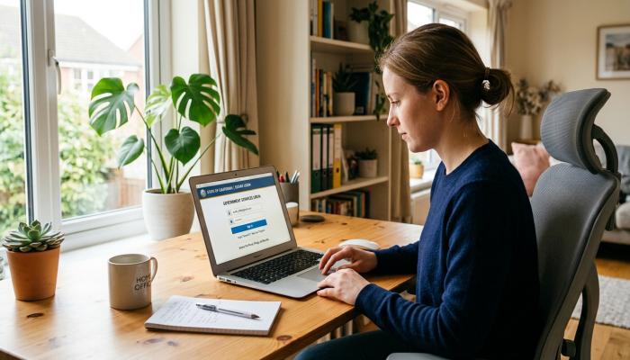 Person logging into a government tax portal on a laptop at a desk
