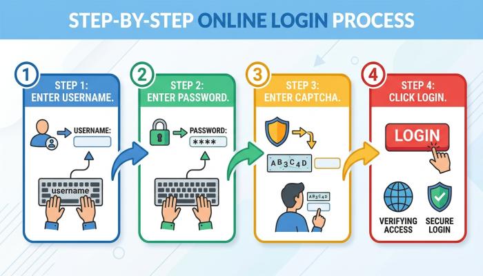 Infographic showing the step by step process of logging into an online portal 