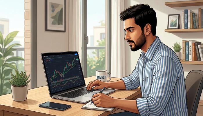 Indian investor reviewing a stock market chart on a laptop at home