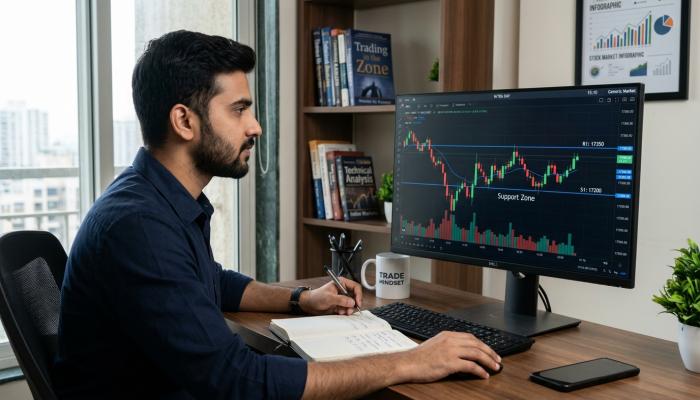 Indian trader studying an intraday stock chart on a computer