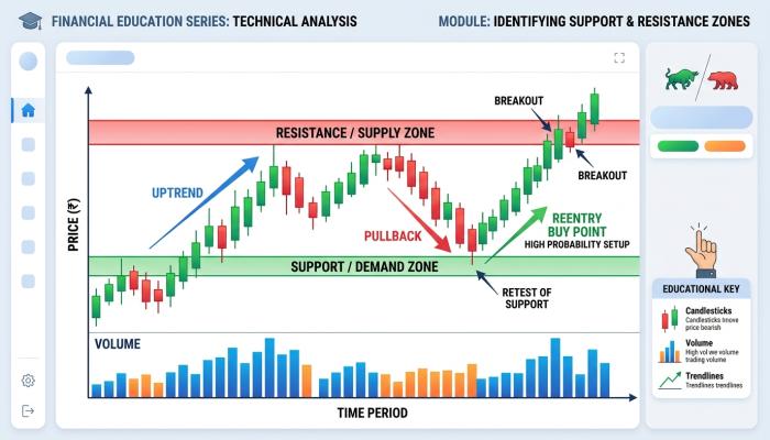 Candlestick chart illustrating support and resistance analysis