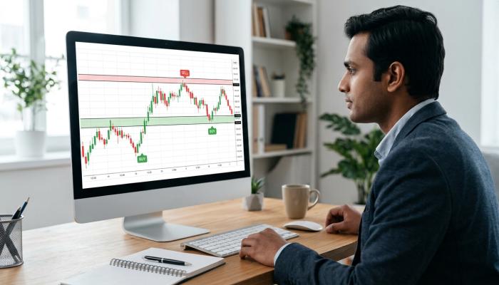 Trader studying market charts and trading signal alerts on a computer