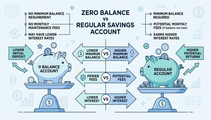 Comparison illustration of a zero balance savings account and a regular savings account 