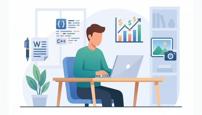 Illustration of a person using a laptop surrounded by icons representing different categories of tech AI tools