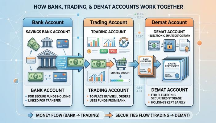 Illustration showing how bank, trading and demat accounts work together.