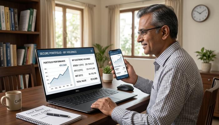 Indian investor viewing electronic share holdings through a generic investment platform.