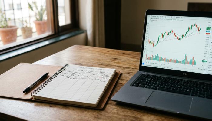 Trading journal beside a laptop showing stock charts