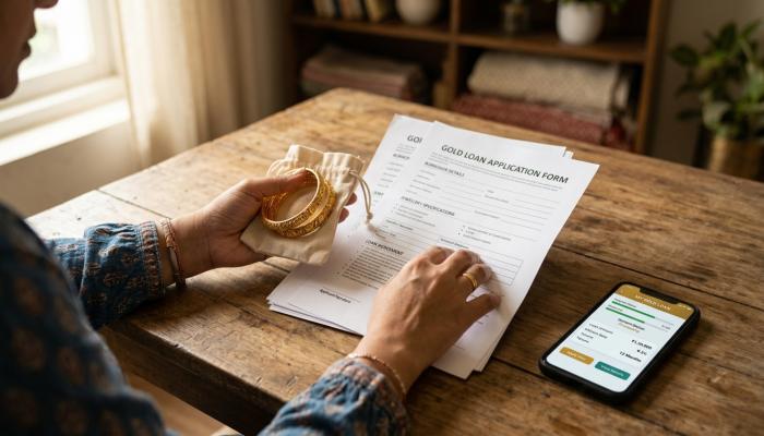 Hands holding gold bangles next to loan paperwork and a smartphone, representing a gold loan application.