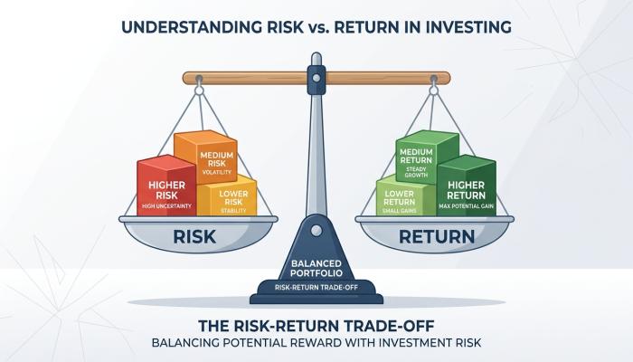 Illustration of a balance scale representing the relationship between risk and return in investing
